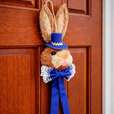 Pendente Cabeça Coelho Com Laço Decoração Páscoa Palha 40cm Azul