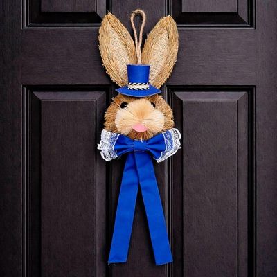 Pendente Cabeça Coelho Com Laço Decoração Páscoa Palha 40cm Azul