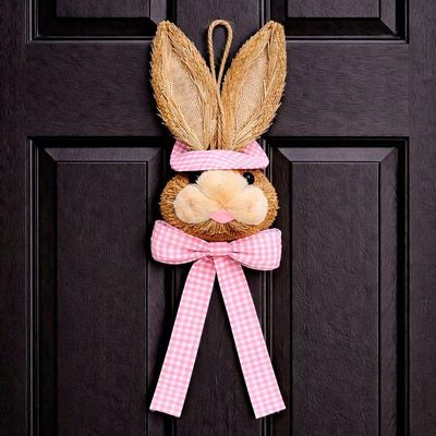 Pendente Cabeça Coelho Com Laço Decoração Páscoa Palha 40cm Rosa