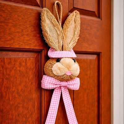 Pendente Cabeça Coelho Com Laço Decoração Páscoa Palha 40cm Rosa