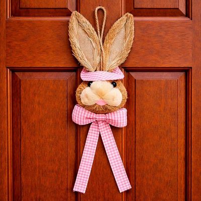 Decoração Páscoa Pendente Cabeça Coelho Com Laço Palha 40cm Rosa