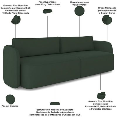 Sofá 3 Lugares Sala Living Orgânico 220cm Oregon K01 Veludo Verde - Lyam Decor