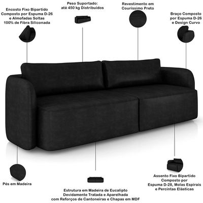 Sofá 3 Lugares Sala Living Orgânico 240cm Oregon K01 Couríssimo Preto - Lyam Decor