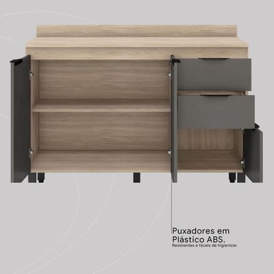 Balcão Cozinha Firenze Com Tampo 120cm E 3 Portas 2 Gavetas Avena/grafito