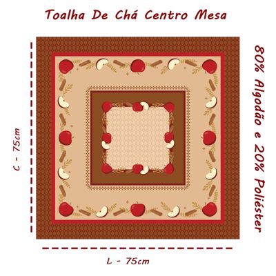 Toalha De Chá Centro Mesa KazzaVip 80% Algodão e 20% Poliéster Estampado Maça e Canela Quadrado Pop 75cmx75cm Marrom