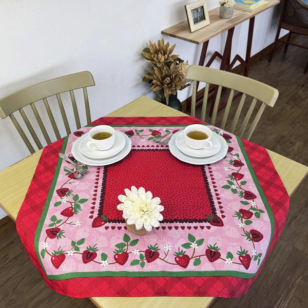 Toalha De Chá Centro Mesa KazzaVip 80% Algodão e 20% Poliéster Estampado Morango Quadrado Pop Frutas Vermelha 75cmx75cm Vermelho.