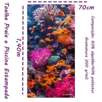 Toalha de Praia e Piscina KazzaVip Felpa 60% Algodão/40% Poliéster Estampada Corais 70cmx140m Multicolor