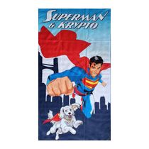 Toalha de Praia e Piscina KazzaVip Microfibra 100% Poliéster Estampada Anti Areia Licenciada Superman e Krypto 70cm x 140m Azul