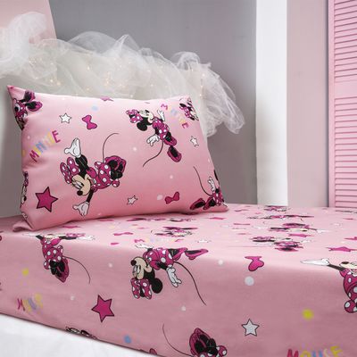 Jogo de Lençol KazzaVip Solteiro Malha Mista 70% Algodão e 30% Poliéster Estampado Disney Minnie Estrela Kids 2 Peças Rosa
