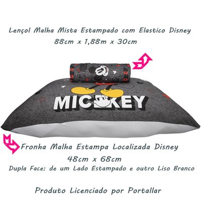 Jogo de Lençol KazzaVip Solteiro Malha Mista 70% Algodão e 30% Poliéster Joy Disney Mickey Minnie Bold 02 Peças Cinza