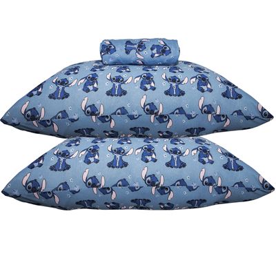 Jogo de Lençol KazzaVip Casal Malha Mista 70% Algodão e 30% Poliéster Estampado Disney Stitch Blue Kids 3 Peças Azul