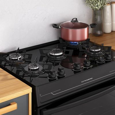 Fogão Itatiaia 5 Bocas Electra Glass Plus com Mesa de Vidro e Acendimento Automático Bivolt  Preto