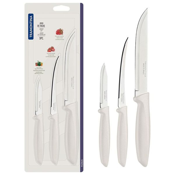 Conjunto de Facas Tramontina Plenus em Aço Inox - Off-White - 3 Peças