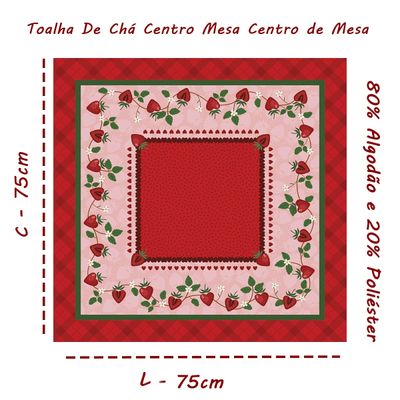 Toalha De Chá Centro Mesa KazzaVip 80% Algodão e 20% Poliéster Estampado Morango Quadrado Pop Frutas Vermelha 75cmx75cm Vermelho.