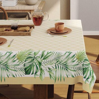 Toalha de Mesa KazzaVip Estampada Pop 80% Algodão e 20% Poliéster Retangular 6 Lugares Palmas 1,40mx2,10m Bege