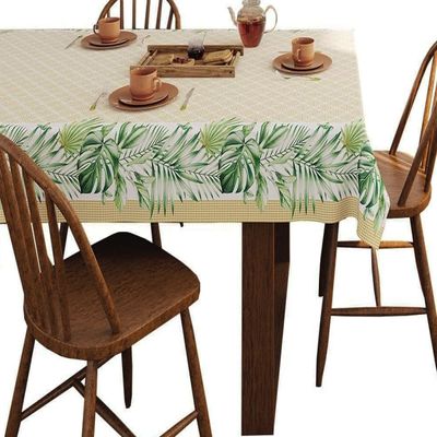 Toalha de Mesa KazzaVip Estampada Pop 80% Algodão e 20% Poliéster Retangular 6 Lugares Palmas 1,40mx2,10m Bege