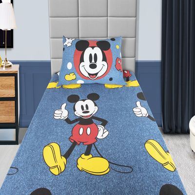 Jogo de Lençol KazzaVip Solteiro Malha Mista 70% Algodão e 30% Poliéster Joy Disney Mickey Big 02 Peças Azul