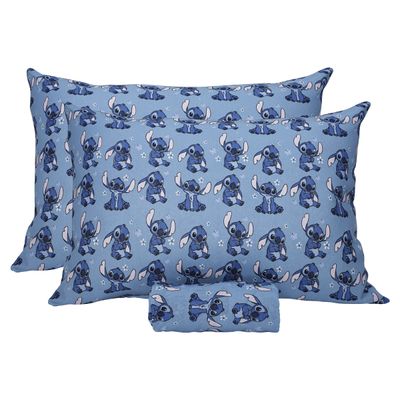 Jogo de Lençol KazzaVip Casal Malha Mista 70% Algodão e 30% Poliéster Estampado Disney Stitch Blue Kids 3 Peças Azul