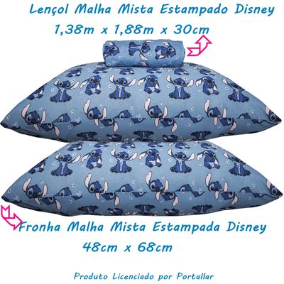 Jogo de Lençol KazzaVip Casal Malha Mista 70% Algodão e 30% Poliéster Estampado Disney Stitch Blue Kids 3 Peças Azul