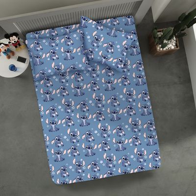 Jogo de Lençol KazzaVip Casal Malha Mista 70% Algodão e 30% Poliéster Estampado Disney Stitch Blue Kids 3 Peças Azul