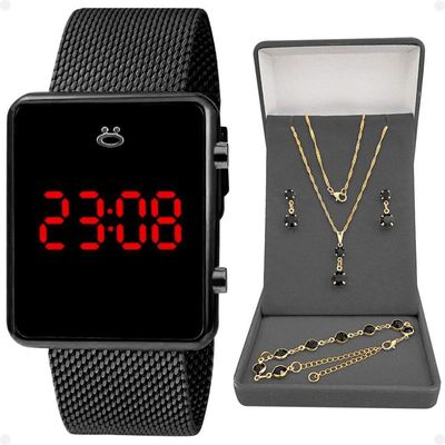 Relogio Feminino Preto Digital + Colar + Brincos + Caixa Casual Presente Silicone Pulseira Ajustável
