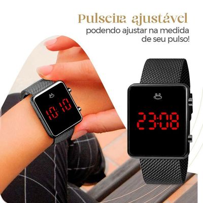 Relogio Feminino Preto Digital + Colar + Brincos + Caixa Casual Presente Silicone Pulseira Ajustável