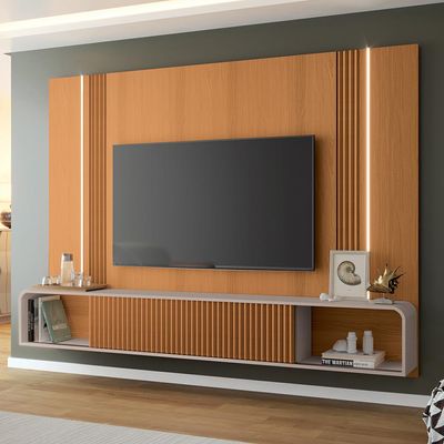 Painel Para TV 85 Pol com Bancada Suspensa e LED Zurick B01 Cinamomo Off White - Lyam Decor
