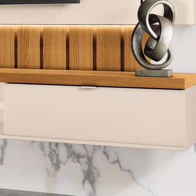 Painel Para TV 70 Pol Ripado com Bancada Suspensa Luzzi B01 Off White Cinamomo - Lyam Decor