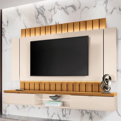 Painel Para TV 70 Pol Ripado com Bancada Suspensa Luzzi B01 Off White Cinamomo - Lyam Decor