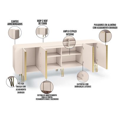 Kit Aparador Buffet Bar Living Santiago com Cristaleira Adega Síria B01 Off White - Lyam