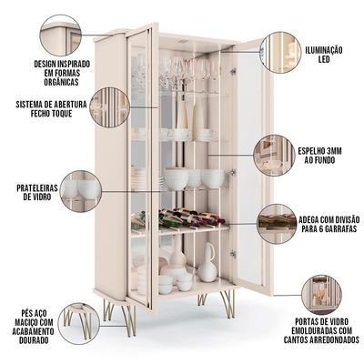 Kit Aparador Buffet Bar Living Santiago com Cristaleira Adega Síria B01 Off White - Lyam