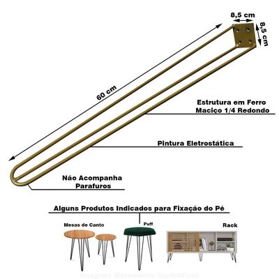 Kit 8 Pés de Metal 60 CM Hairpin Legs Mesa de Canto Aparador Dourado