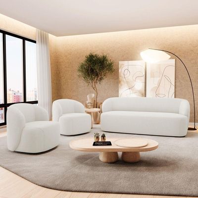 Kit 02 Poltronas Giratória E 01 Sofá Orgânico Leez 170cm 02 Lugares Bouclê Off White - Desk Design