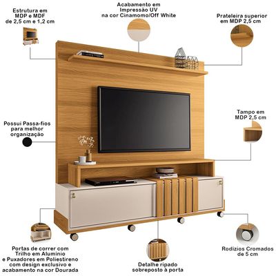Estante Painel Para TV 65 Pol com Rodízios Cloud B01 Cinamomo Off White - Lyam Decor