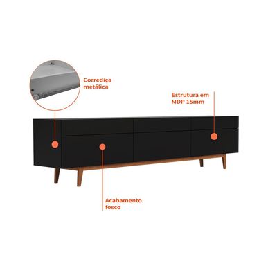 Rack para TV até 85 Polegadas Mazza 3 Gavetas Preto