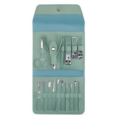 Kit Manicure e Pedicure 16 Peças Portátil – Estojo Slim em Couro PU para Unhas, Cutículas e Cuidados Pessoais