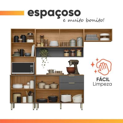 Armário De Cozinha Completa Com Balcão 8 Portas 2 Gavetas 2,50m Alba Demóbile Madeirado/grafite