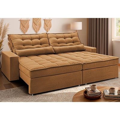 Sofá Retrátil E Reclinável 3,12m Molas Ensacadas Belle. Boucle Cama Inbox Caramelo.