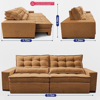 Sofá Retrátil E Reclinável 3,12m Molas Ensacadas Belle. Boucle Cama Inbox Caramelo.