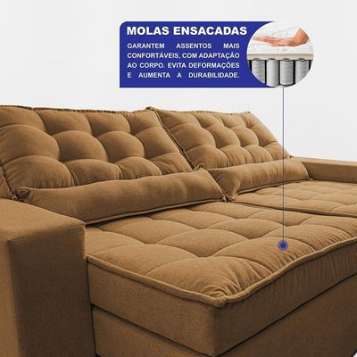 Sofá Retrátil E Reclinável 3,12m Molas Ensacadas Belle. Boucle Cama Inbox Caramelo.