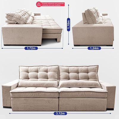 Sofá Retrátil E Reclinável 3,12m Molas Ensacadas Belle. Boucle Cama Inbox Bege Claro