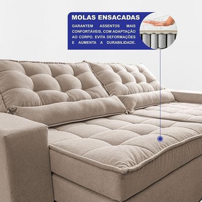 Sofá Retrátil E Reclinável 3,12m Molas Ensacadas Belle. Boucle Cama Inbox Bege Claro