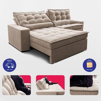 Sofá Retrátil E Reclinável 3,12m Molas Ensacadas Belle. Boucle Cama Inbox Bege Claro