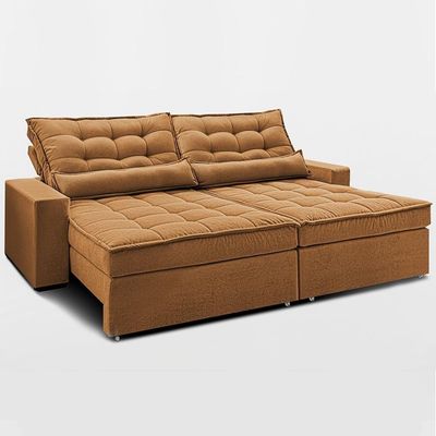 Sofá Retrátil E Reclinável 2,92m Molas Ensacadas Belle. Boucle Cama Inbox Caramelo.