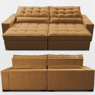 Sofá Retrátil E Reclinável 2,92m Molas Ensacadas Belle. Boucle Cama Inbox Caramelo.