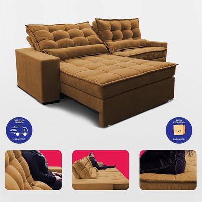 Sofá Retrátil E Reclinável 2,92m Molas Ensacadas Belle. Boucle Cama Inbox Caramelo.