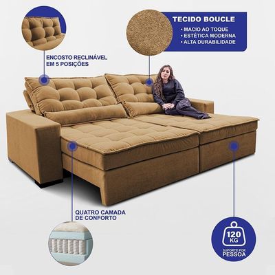 Sofá Retrátil E Reclinável 2,92m Molas Ensacadas Belle. Boucle Cama Inbox Caramelo.