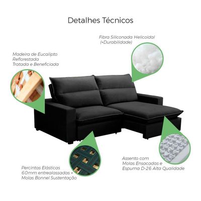 Sofá Retrátil E Reclinável 2 Lugares 2,70m Andreza Veludo Lansofbr Preto