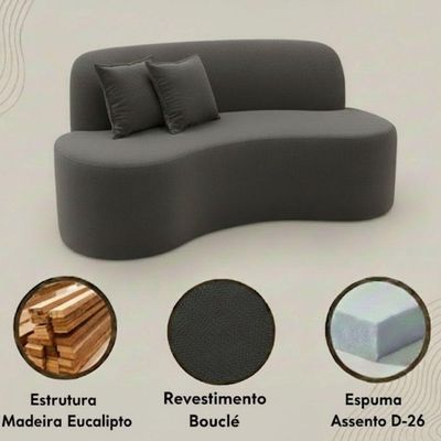 Sofá Ondulado Orgânico Pequeno 2 Lugares Sala Bouclé Bouclé Cinza Chumbo