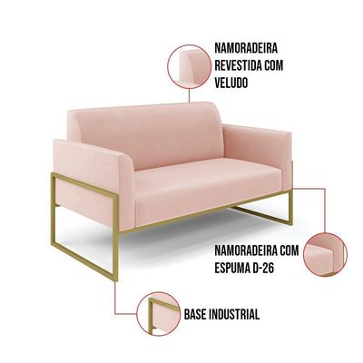 Sofá Namoradeira Base Industrial Alta Dourado Marisa Veludo Rosê